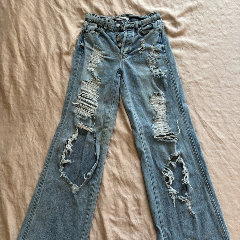 PacSun Blue Distressed Flare Wide Leg Jeans